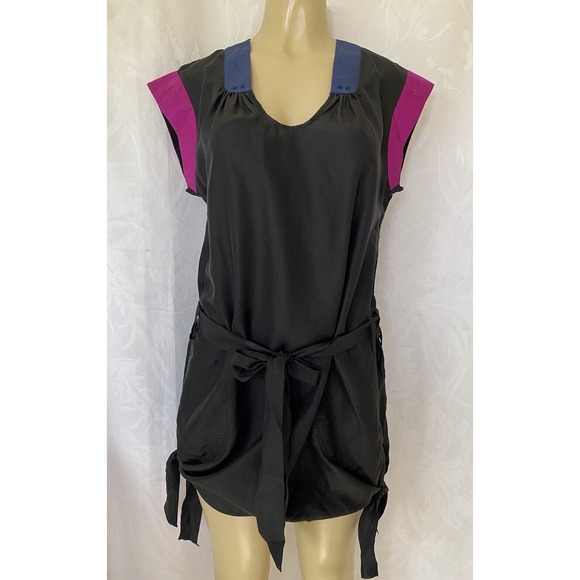 Kerrigan Silk Mini Dress Belted Color Block Cap Sleeve Black Magenta Poc… - Picture 1 of 6